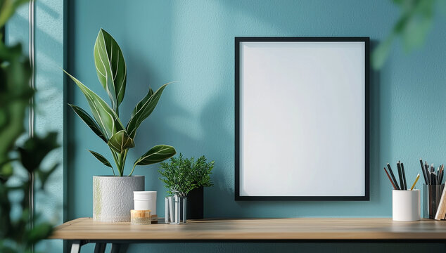 A modern workspace featuring blank photo frame on vibrant teal wall, complemented by lush green plants and organized stationery. This serene setting inspires creativity and productivity