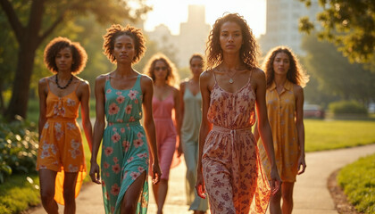 Fototapeta premium A diverse group of models walks confidently in a sunlit urban park