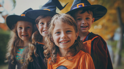 Obraz premium Portrait of cute smiling kids dressed in costumes for Halloween party. Trick or treat, adorable children wearing halloween costumes having fun at halloween night.