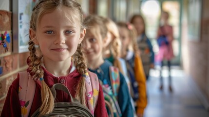 Smiling Girl in School Hallway with Friends in Background, Ready for a New Day of Learning and Adventure