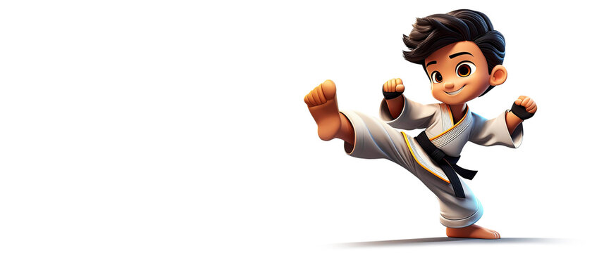 Close-up of a cartoon character of a boy wearing a martial arts uniform and a black belt, performing a karate kick isolated on white background with copy space. Generative Ai.