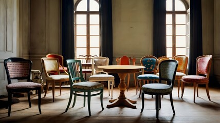 A collection of mismatched vintage chairs, each with a different color and pattern, arranged around a small, round table