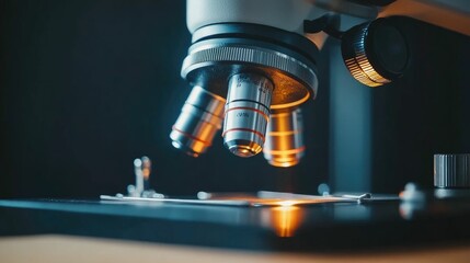 Close-up of a microscope examining a sample slide.