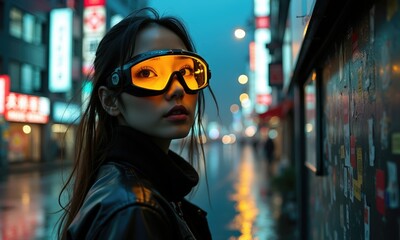 Obraz premium Sous les néons de la ville, une jeune femme avec des lunettes futuristes s’avance, les reflets multicolores dansant sur ses verres et ajoutant une touche de science-fiction à la scène.