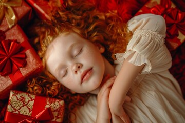 Fototapeta premium Curly-haired girl drifts dreams embraced quiet calm. White sheets bring beauty of her red curly hair. Essence of stillness and magic of tender dreams.