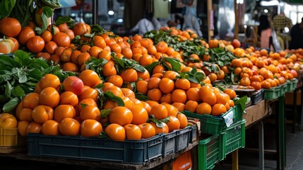 A market stand full of fresh, bright persimmons (Diospyros kaki), ready for eager buyers