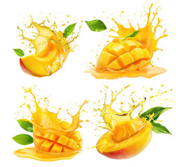 Set of fresh mango fruits with splashing juice and leaves, cut out