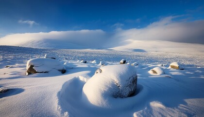 Frozen tundra with snow-covered boulders.