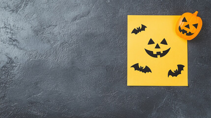 Obraz premium Halloween pumpkin drawn on a Yellow Sticky Note - against an isolated background with Copy space.