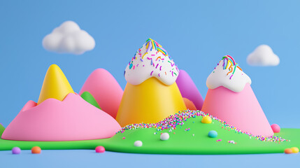 Colorful confectionery playdough mountains with ice cream tops and sprinkles against a blue sky. Fun and whimsical dessert landscape
