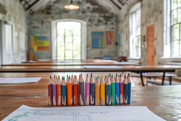 Colorful pencils on a desk in a classroom. The image represents creativity and learning.
