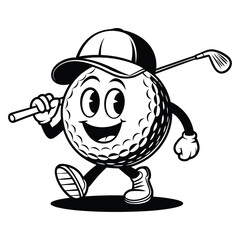 Golf ball cartoon character with hat and club illustration