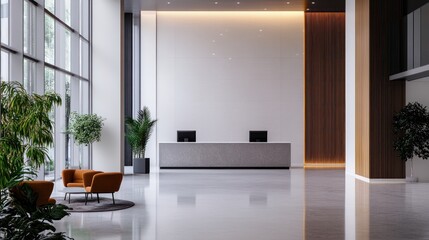 office building lobby, minimalist design and high quality finishing create a professional and attractive atmosphere