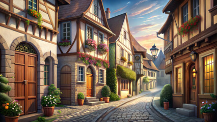 Obraz premium Charming cobblestone street with traditional houses adorned with flowers at sunset