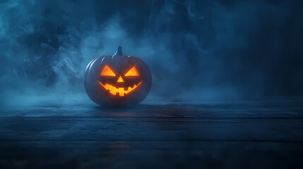 Horror scene with Halloween pumpkin lantern in smoke