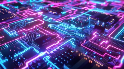 Obraz premium Futuristic neon-lit circuit board with Ethical AI text highlighting the importance of morality in artificial intelligence development