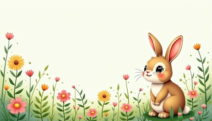 Obraz premium A cute rabbit surrounded by colorful flowers, perfect for spring themes and playful designs.