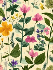 Cosmetic and medicinal plants background featuring hand drawn illustrations of lobelia flowers pueraria cryptotaenia and euphorbia in a 2D cartoon style