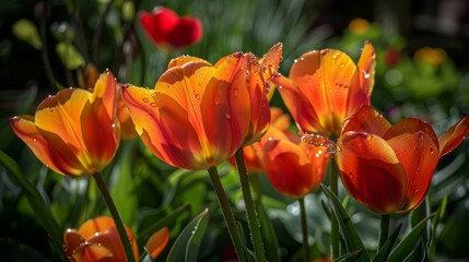 Fototapeta premium Vibrant Orange Tulips in Bloom with Morning Dew on Petals