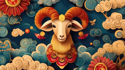 2D cartoon illustration representing the Year of the Ram featuring goat hieroglyphics and symbols related to the lunar calendar