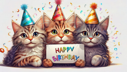 Three cute cats in party hats holding a happy birthday sign with confetti