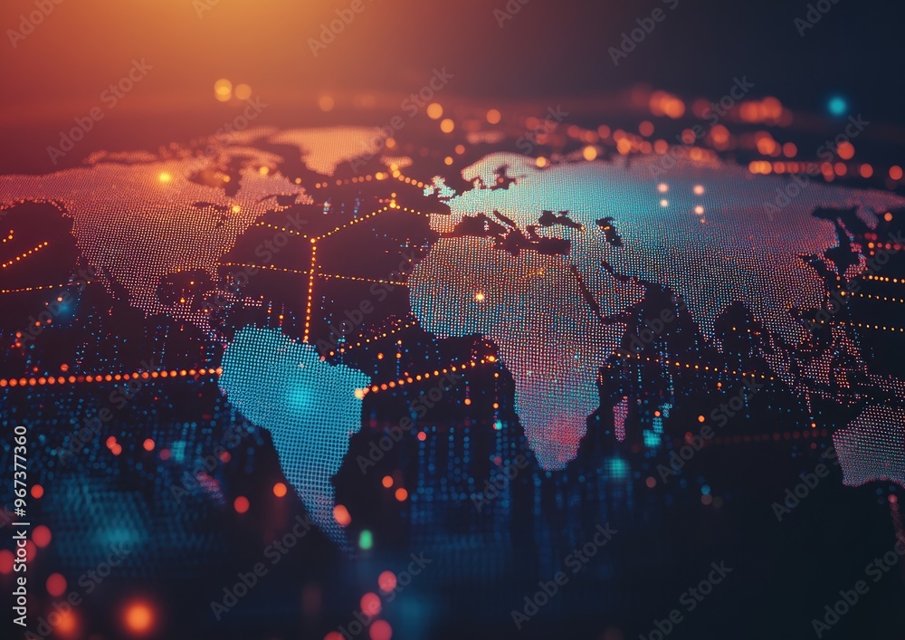Poster global technology networking concept illustrated with a world map digital data visualization featuri