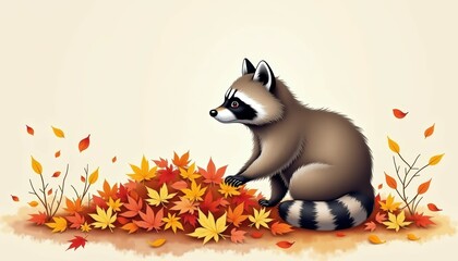 A playful raccoon interacting with a vibrant pile of autumn leaves, showcasing the beauty of fall and wildlife.