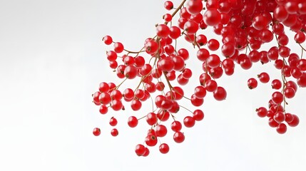38. **A 3D render of a falling currant, its tiny red berries contrasting sharply with a pristine white background