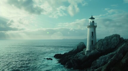 Fototapeta premium inspiring innovation and leadership concept with lighthouse on rocky shore