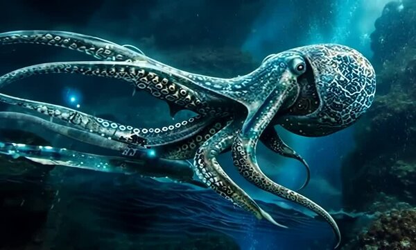 Giant Octopus attacking Submarine in Deep Sea