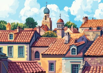 Fototapeta premium Colorful 2D cartoon depiction of historic rooftops in an old city