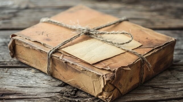 Unmarked cardboard package wrapped with string awaiting collection on a wooden table