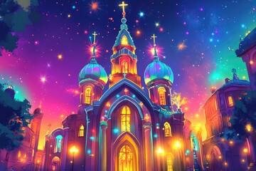 Obraz premium Charming 2D cartoon illustration featuring a vibrant holy themed background