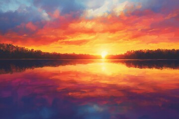 Vibrant sunset over serene waters with reflections creating a peaceful atmosphere and inspiring calmness in nature