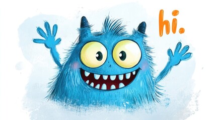 A playful monster grins and greets with a cheerful hi Adorable cartoon character in a simple hand drawn style 2D illustration suitable for baby cards or clothing prints