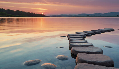 A line of smooth stepping stones leads across a calm lake at sunset, reflecting pink and orange hues in the sky, creating a tranquil and dreamy scene.
