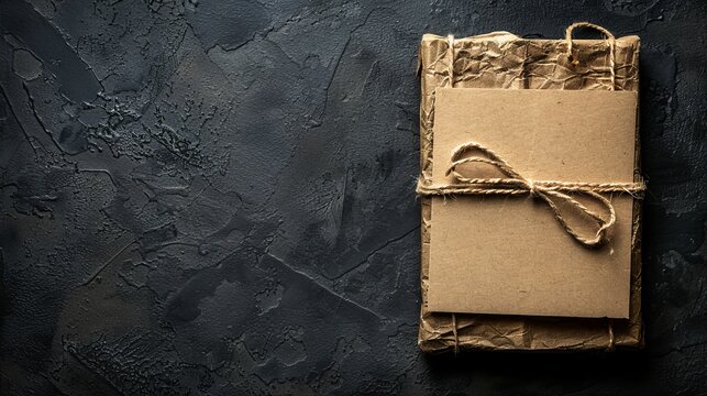 Unmarked cardboard parcel secured with string awaiting delivery on a wooden table