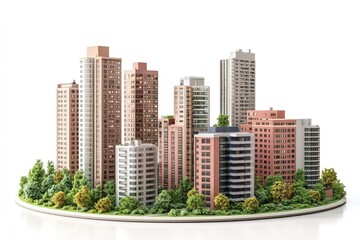 3D illustration of urban buildings on a white background