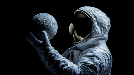 Astronaut holding the moon in hands on black background
