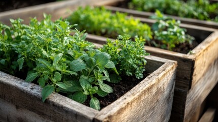 Organic vegetable garden with seedlings in wooden boxes. Gardening concept