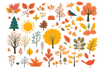 Obraz premium Hand drawn cartoon autumnal collection of yellow plants and leaves isolated on white background