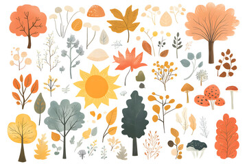 Obraz premium Hand drawn cartoon autumnal collection of yellow plants and leaves isolated on white background