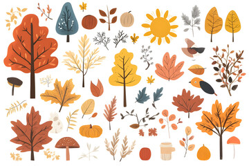 Hand drawn cartoon autumnal collection of yellow plants and leaves isolated on white background