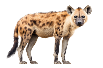 A spotted hyena, a dangerous scavenger, hunts in a wild park on transparent background