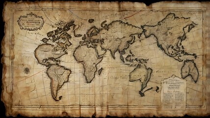 Obraz premium A weathered, rolled-out map with faded edges, showing the routes of ancient explorers and handwritten notes