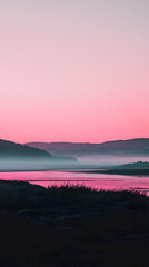 Obraz premium Abstract illustration poster of pink mountains and grassland with sunset range with a soft, dreamy feel. 