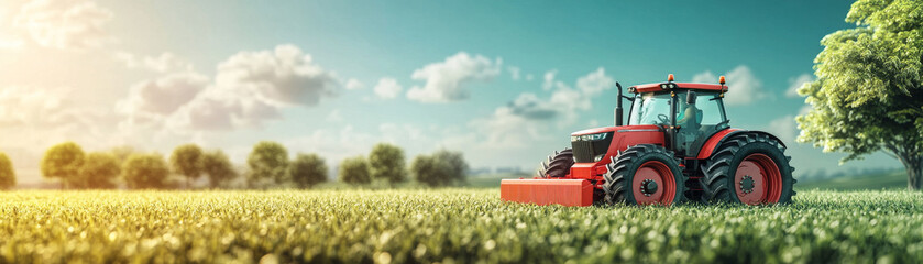 Obraz premium A vibrant red tractor stands on lush green grass under bright blue sky, surrounded by trees. scene captures essence of rural life and agricultural productivity