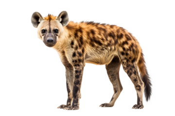 A spotted hyena, a dangerous scavenger, hunts in a wild park on transparent background