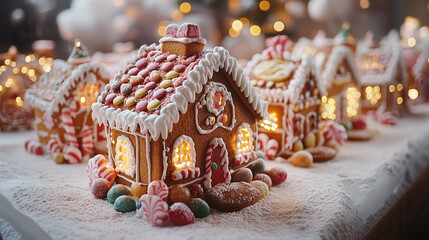 Naklejka premium Decorated gingerbread houses with lights, candy and snow, perfect for holiday greeting cards, Christmasthemed designs, festive social media posts. Generative AI