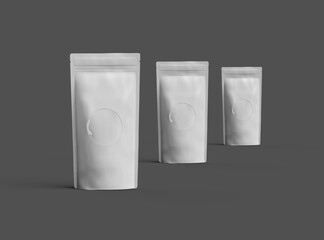 3D rendered image of  a glossy sealed stand-up pouch with a transparent window on a dark background